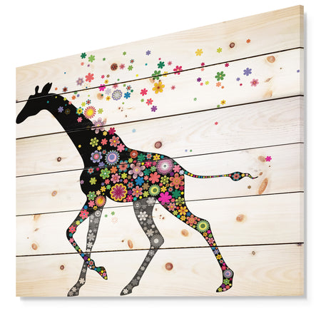 Cheerful Giraffe Running - Animal Print on Natural Pine Wood