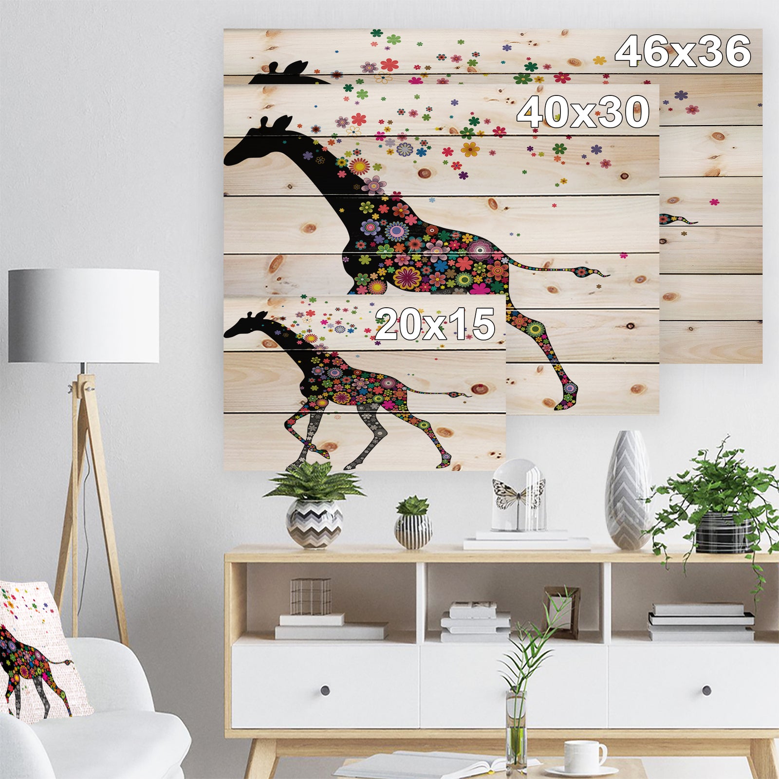 Cheerful Giraffe Running - Animal Print on Natural Pine Wood