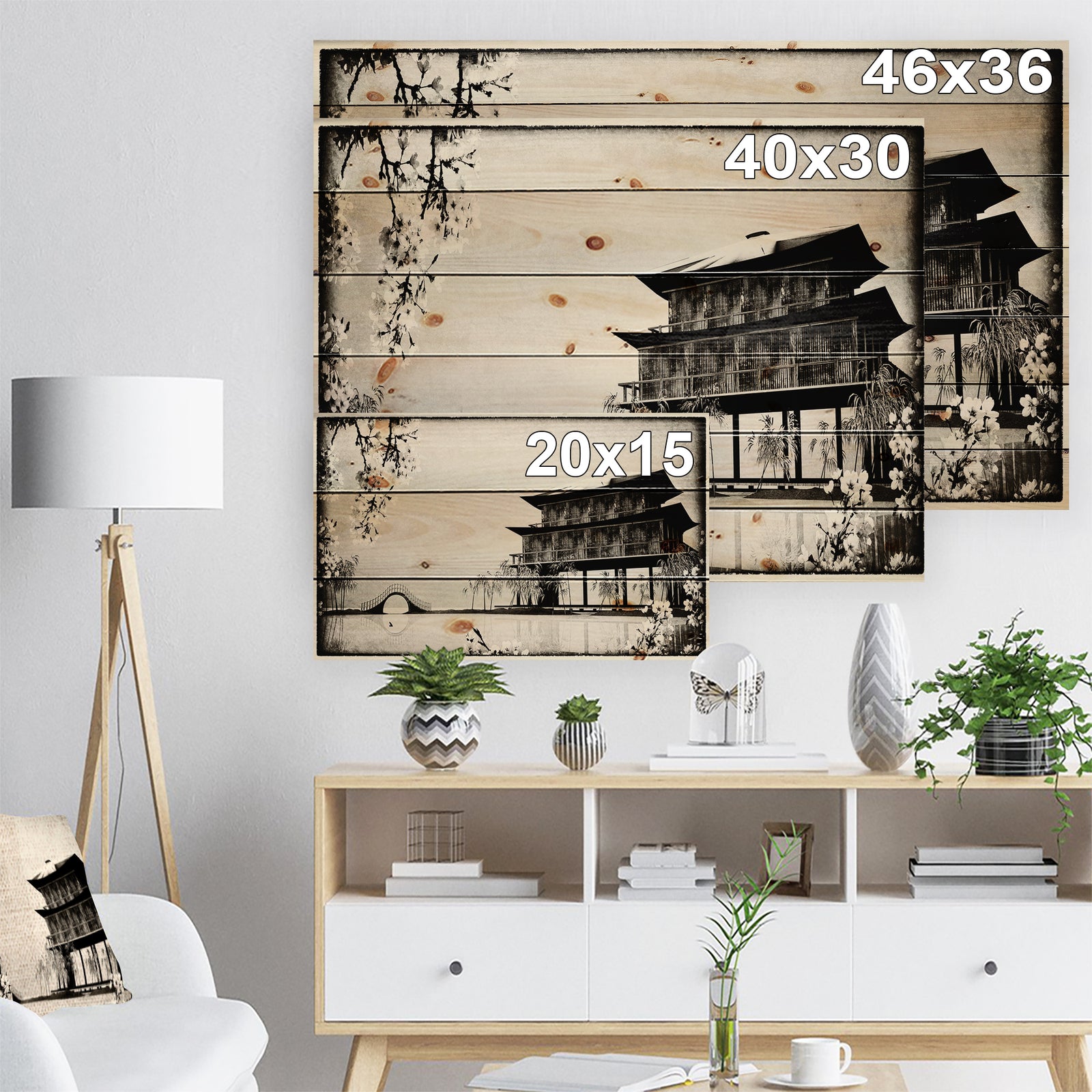 Chinese Ink Painting - Chinese Landscape Print on Natural Pine Wood