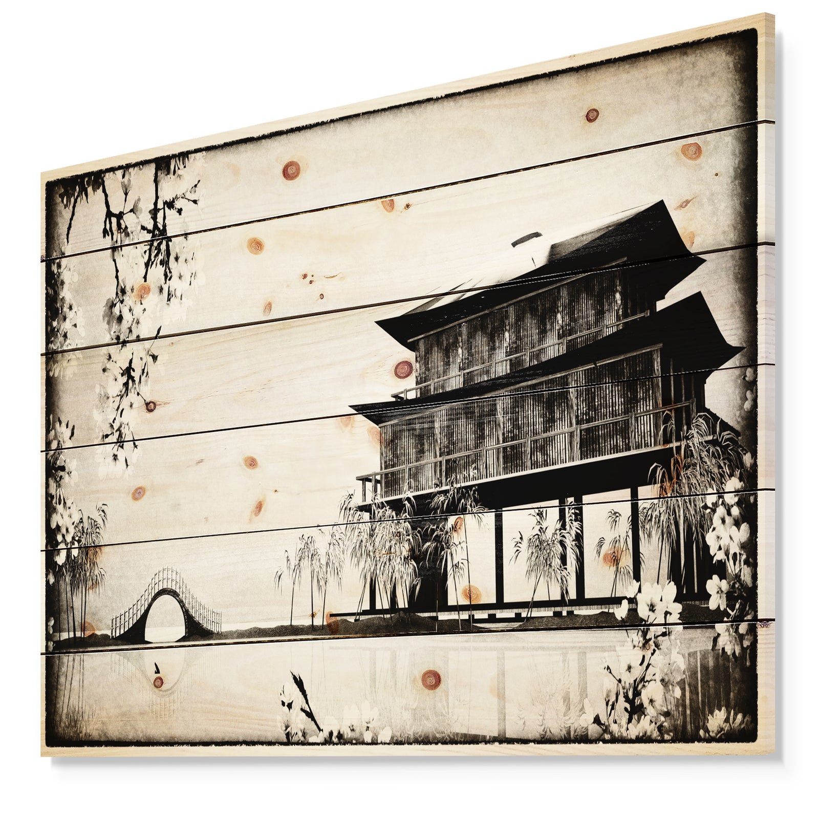 Chinese Ink Painting - Chinese Landscape Print on Natural Pine Wood