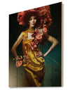 Sensual Woman in Yellow Dress - Portrait Print on Natural Pine Wood