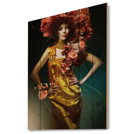 Sensual Woman in Yellow Dress - Portrait Print on Natural Pine Wood