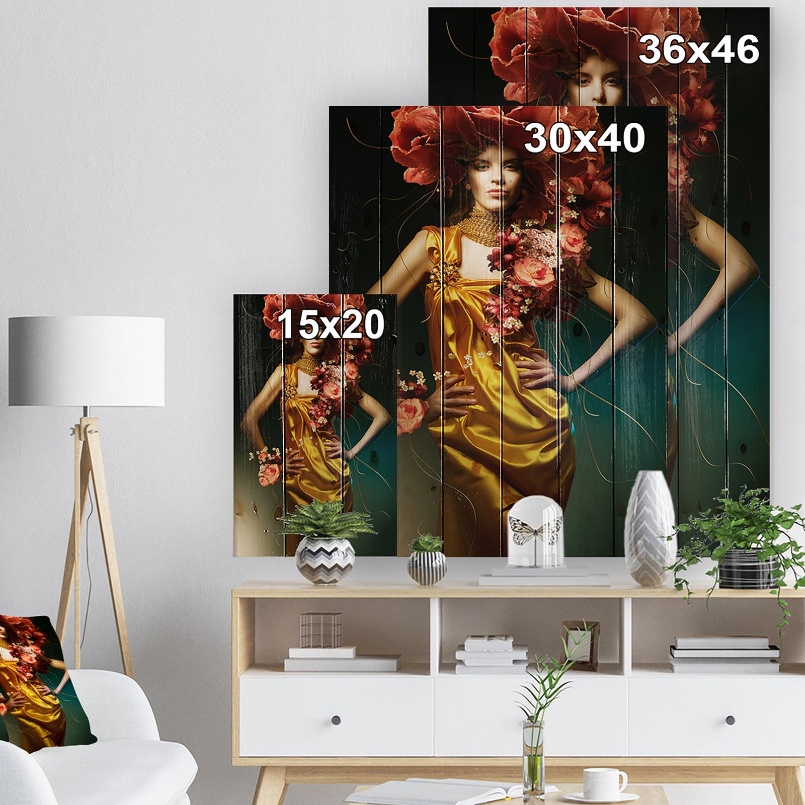 Sensual Woman in Yellow Dress - Portrait Print on Natural Pine Wood