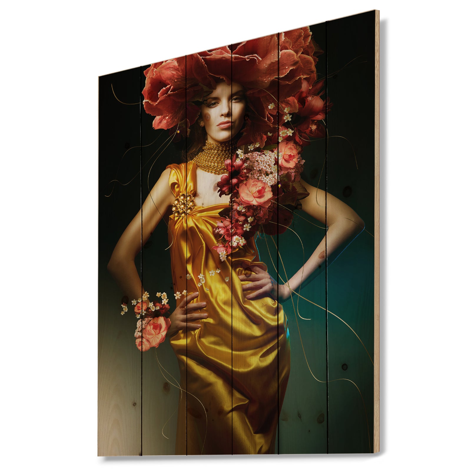 Sensual Woman in Yellow Dress - Portrait Print on Natural Pine Wood
