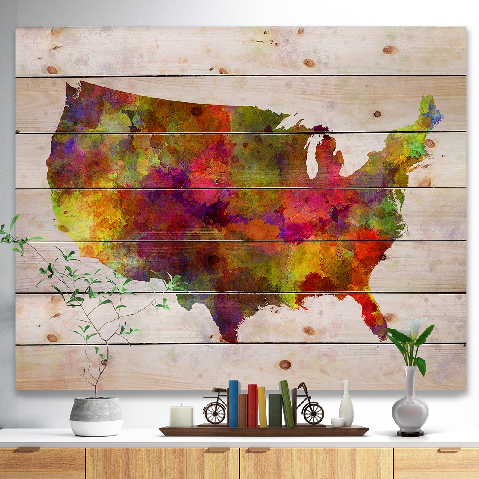 United States Map in Colors - Watercolor Painting Print on Natural Pine Wood