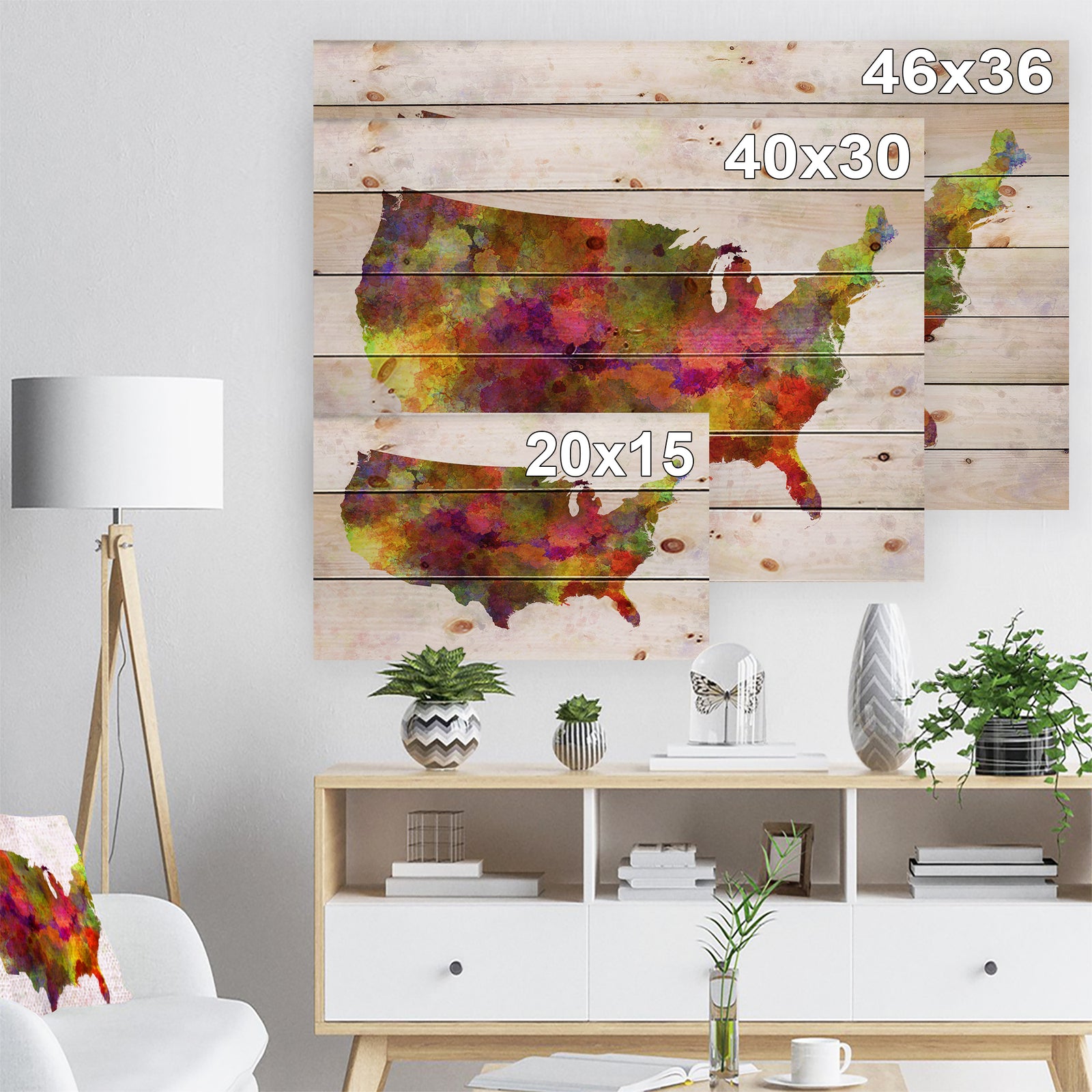 United States Map in Colors - Watercolor Painting Print on Natural Pine Wood