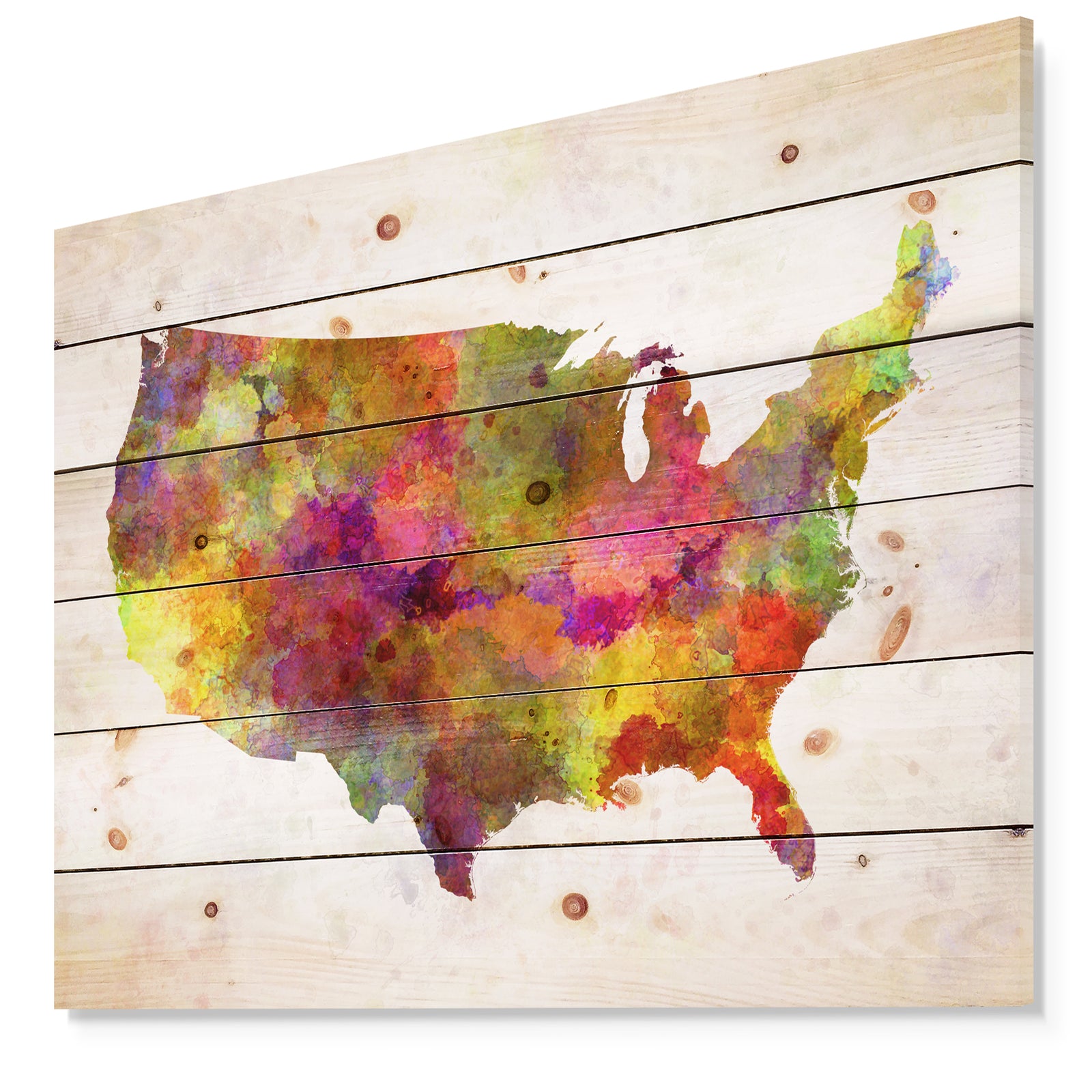 United States Map in Colors - Watercolor Painting Print on Natural Pine Wood