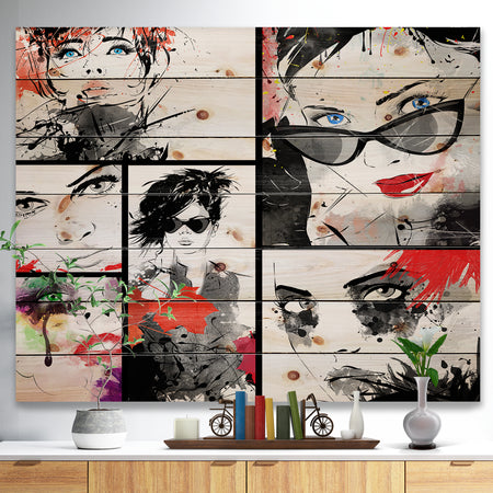 Beautiful Faces Collage - Abstract Portrait Print on Natural Pine Wood