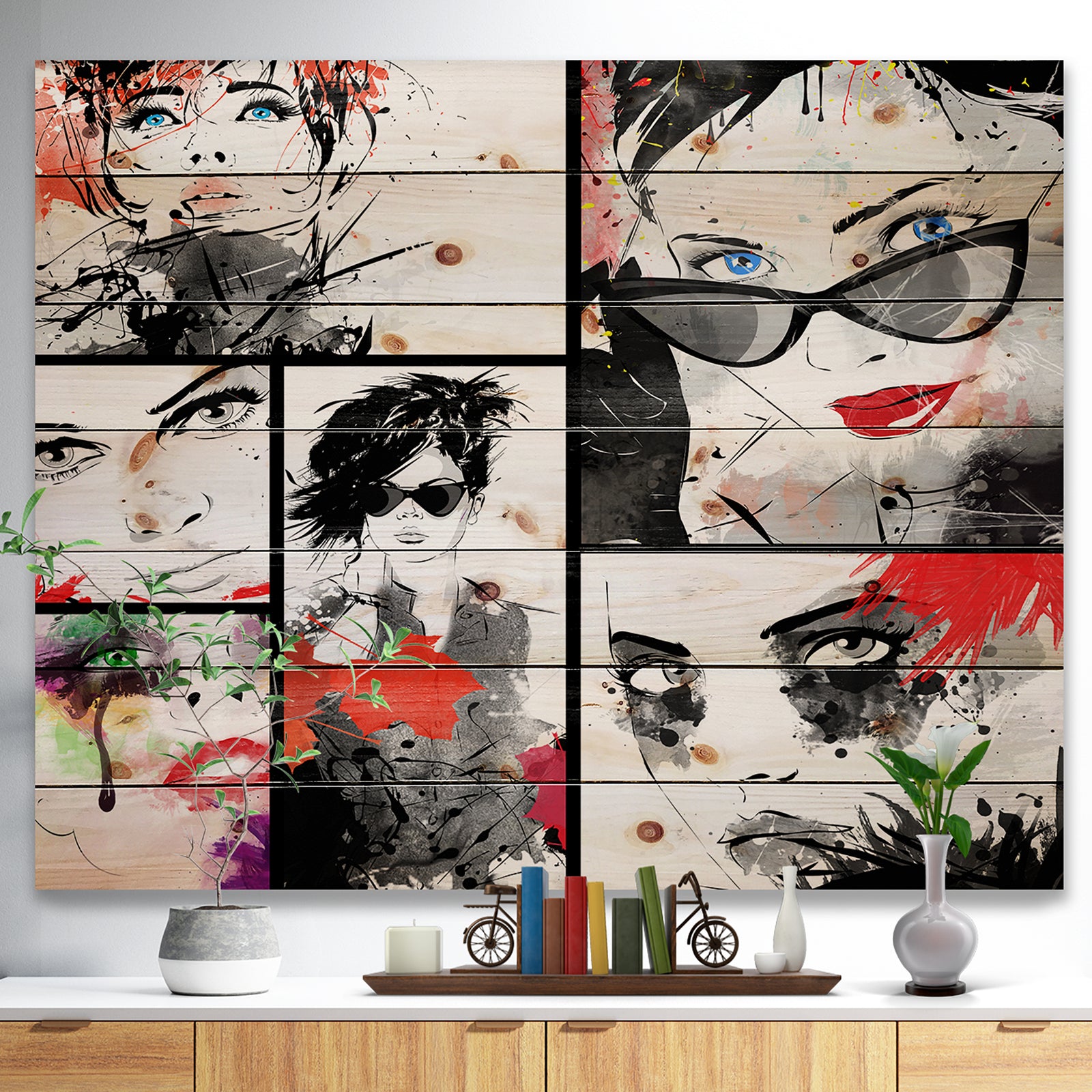 Beautiful Faces Collage - Abstract Portrait Print on Natural Pine Wood