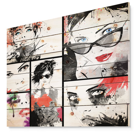 Beautiful Faces Collage - Abstract Portrait Print on Natural Pine Wood