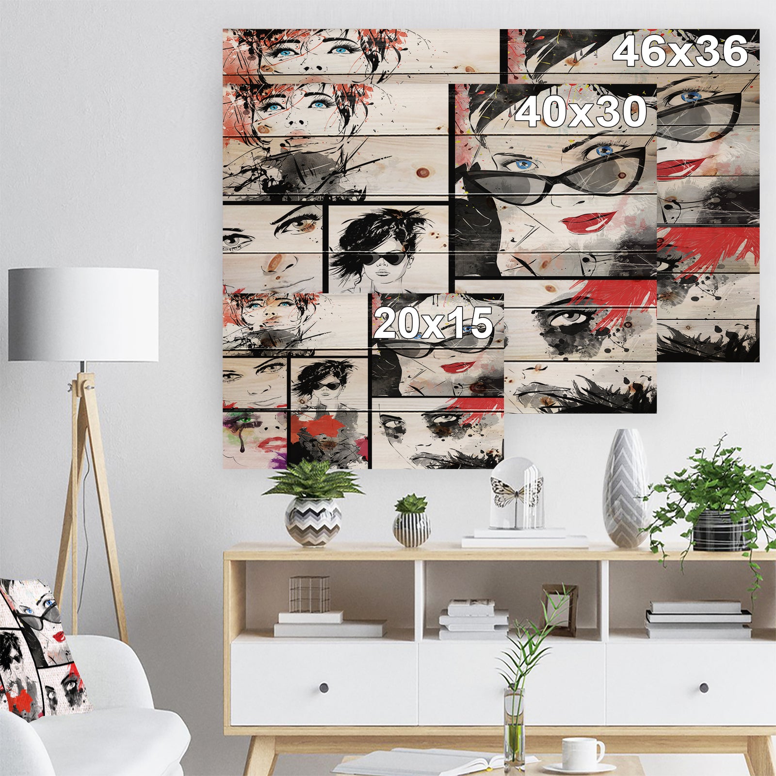 Beautiful Faces Collage - Abstract Portrait Print on Natural Pine Wood