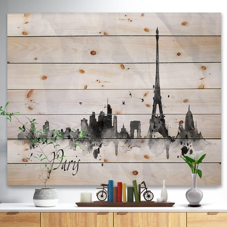 Paris with Eiffel Silhouette - Cityscape Print on Natural Pine Wood