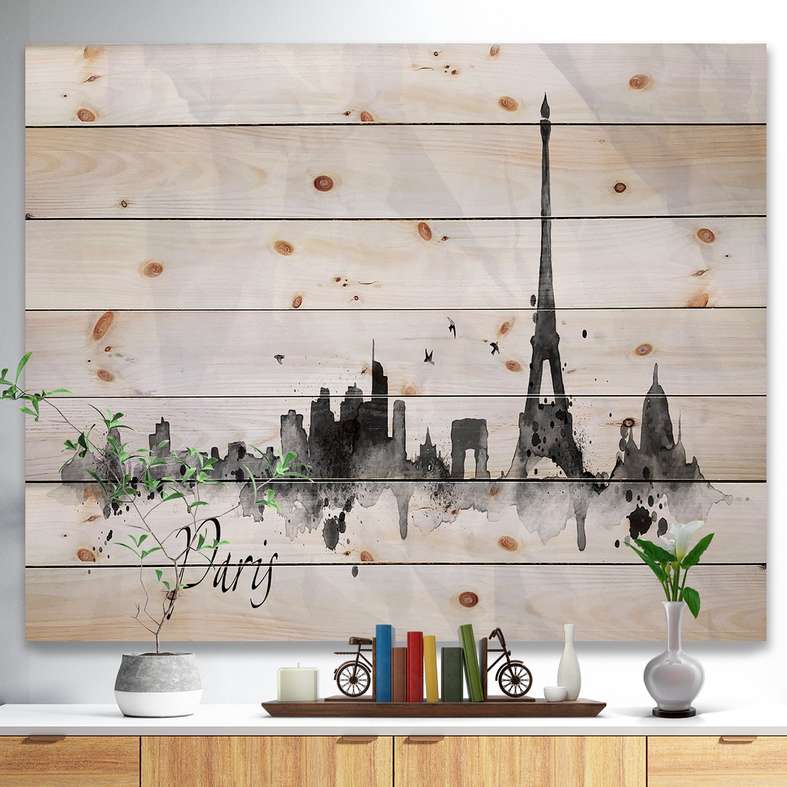 Paris with Eiffel Silhouette - Cityscape Print on Natural Pine Wood