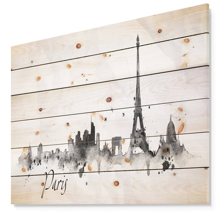 Paris with Eiffel Silhouette - Cityscape Print on Natural Pine Wood
