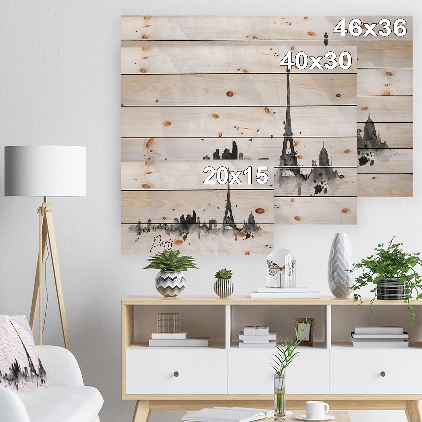 Paris with Eiffel Silhouette - Cityscape Print on Natural Pine Wood