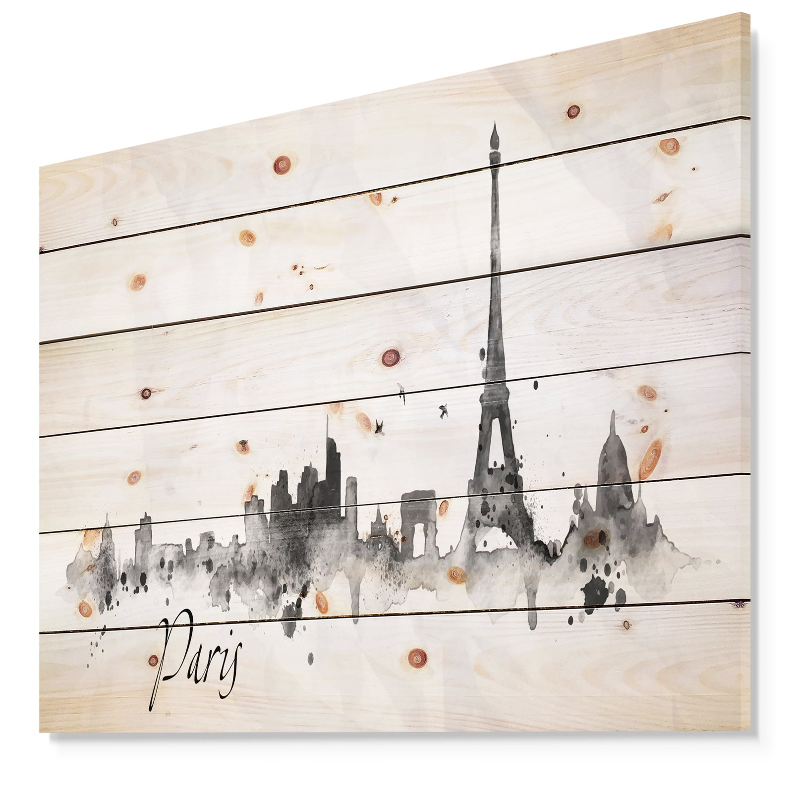 Paris with Eiffel Silhouette - Cityscape Print on Natural Pine Wood
