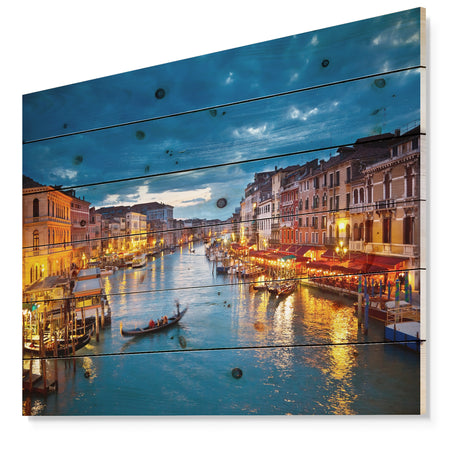 Grand Canal at Night Venice - Cityscape Photo Print on Natural Pine Wood
