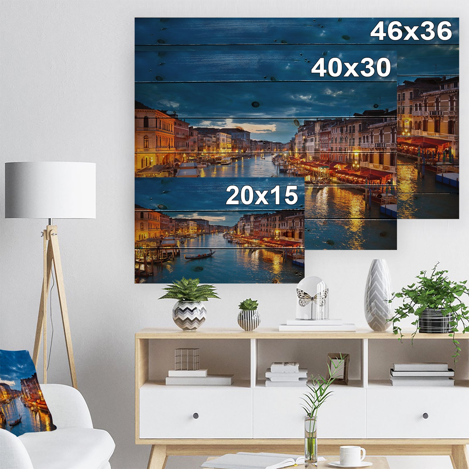 Grand Canal at Night Venice - Cityscape Photo Print on Natural Pine Wood