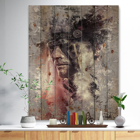 Native American Indian Warrior - Bohemian Print on Natural Pine Wood