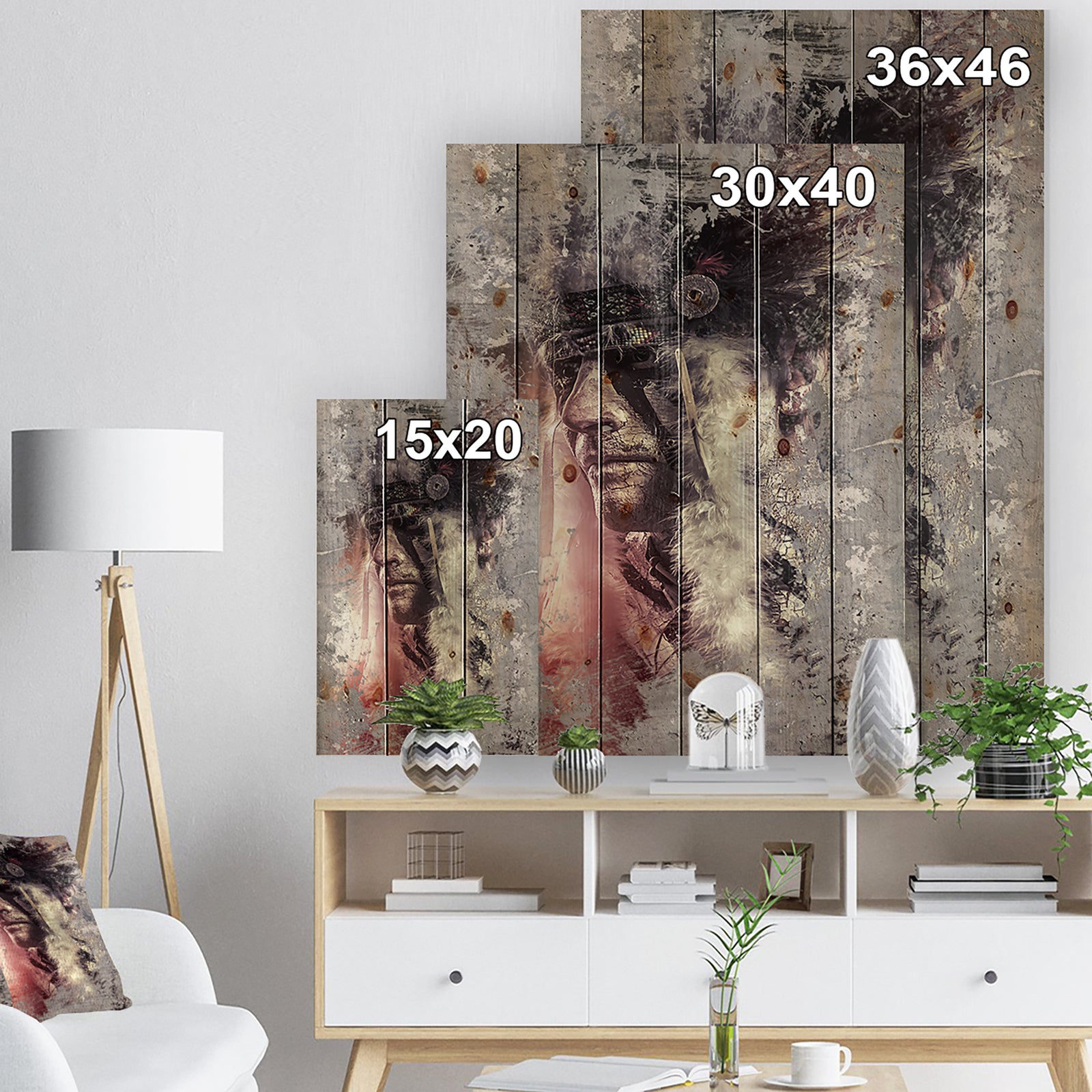 Native American Indian Warrior - Bohemian Print on Natural Pine Wood