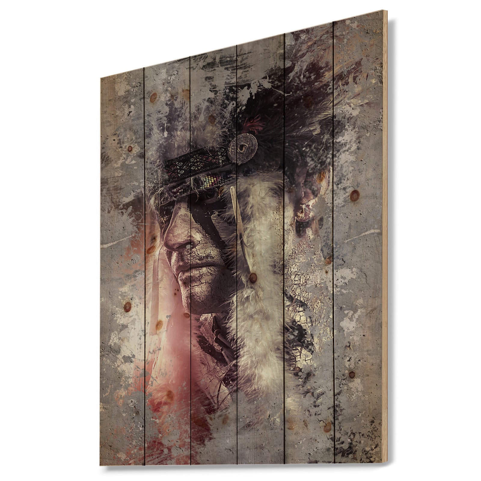 Native American Indian Warrior - Bohemian Print on Natural Pine Wood