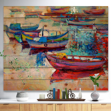Boats and Ocean - Seascape Print on Natural Pine Wood