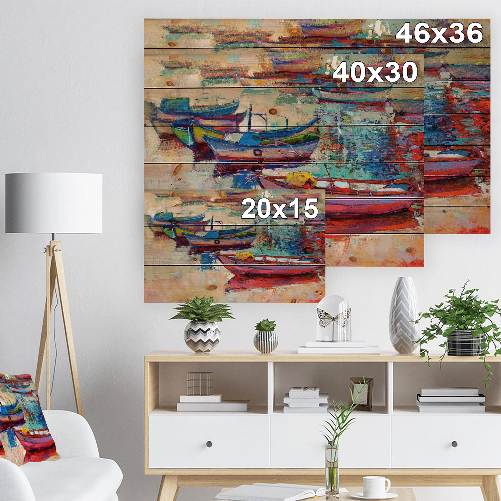 Boats and Ocean - Seascape Print on Natural Pine Wood