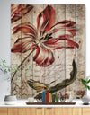 Red Floral Pattern with Butterfly - Floral Art Print on Natural Pine Wood