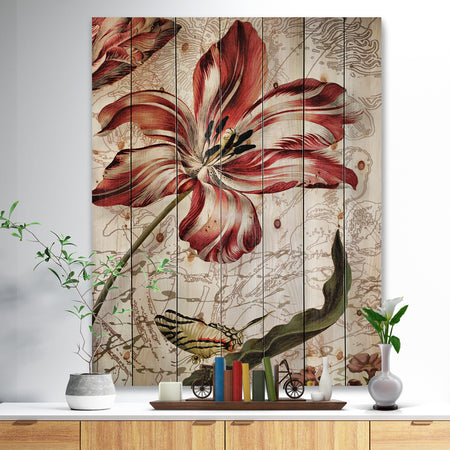 Red Floral Pattern with Butterfly - Floral Art Print on Natural Pine Wood