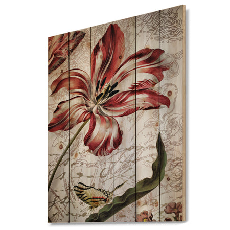 Red Floral Pattern with Butterfly - Floral Art Print on Natural Pine Wood