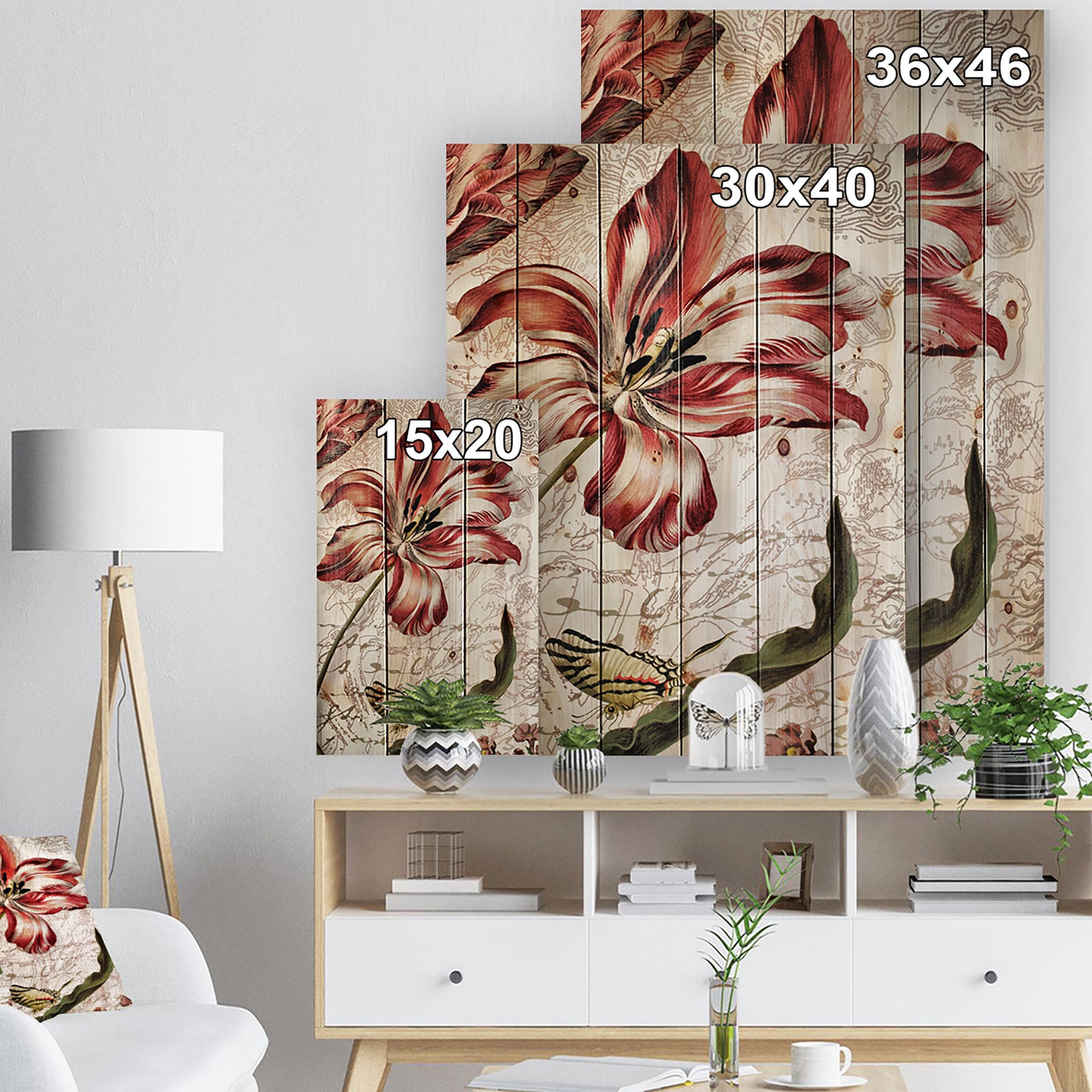 Red Floral Pattern with Butterfly - Floral Art Print on Natural Pine Wood