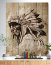 Vintage Style Indian Head Tattoo - Abstract Print on Natural Pine Wood