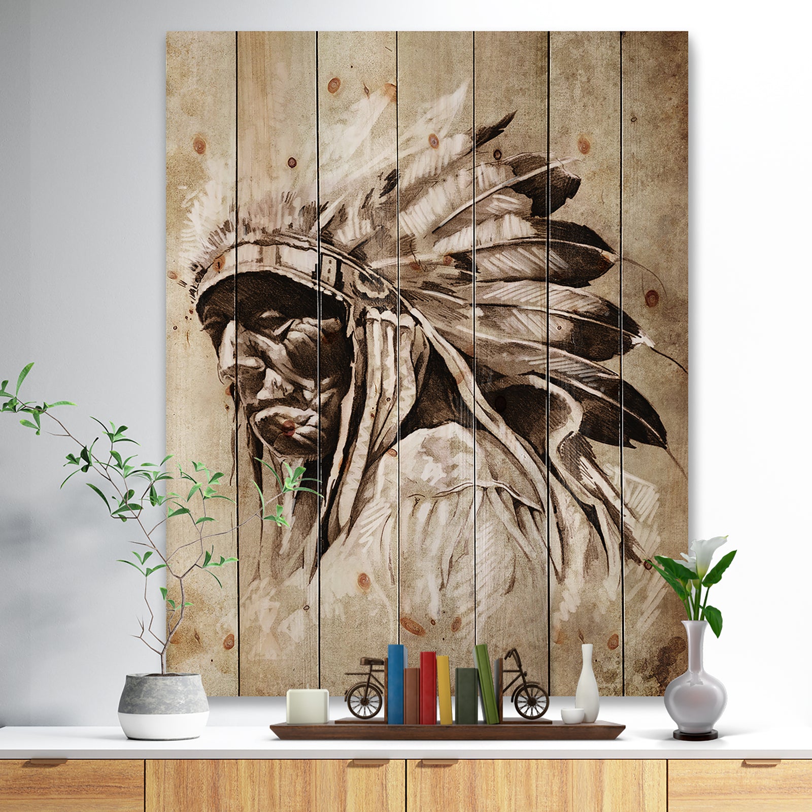 Vintage Style Indian Head Tattoo - Abstract Print on Natural Pine Wood