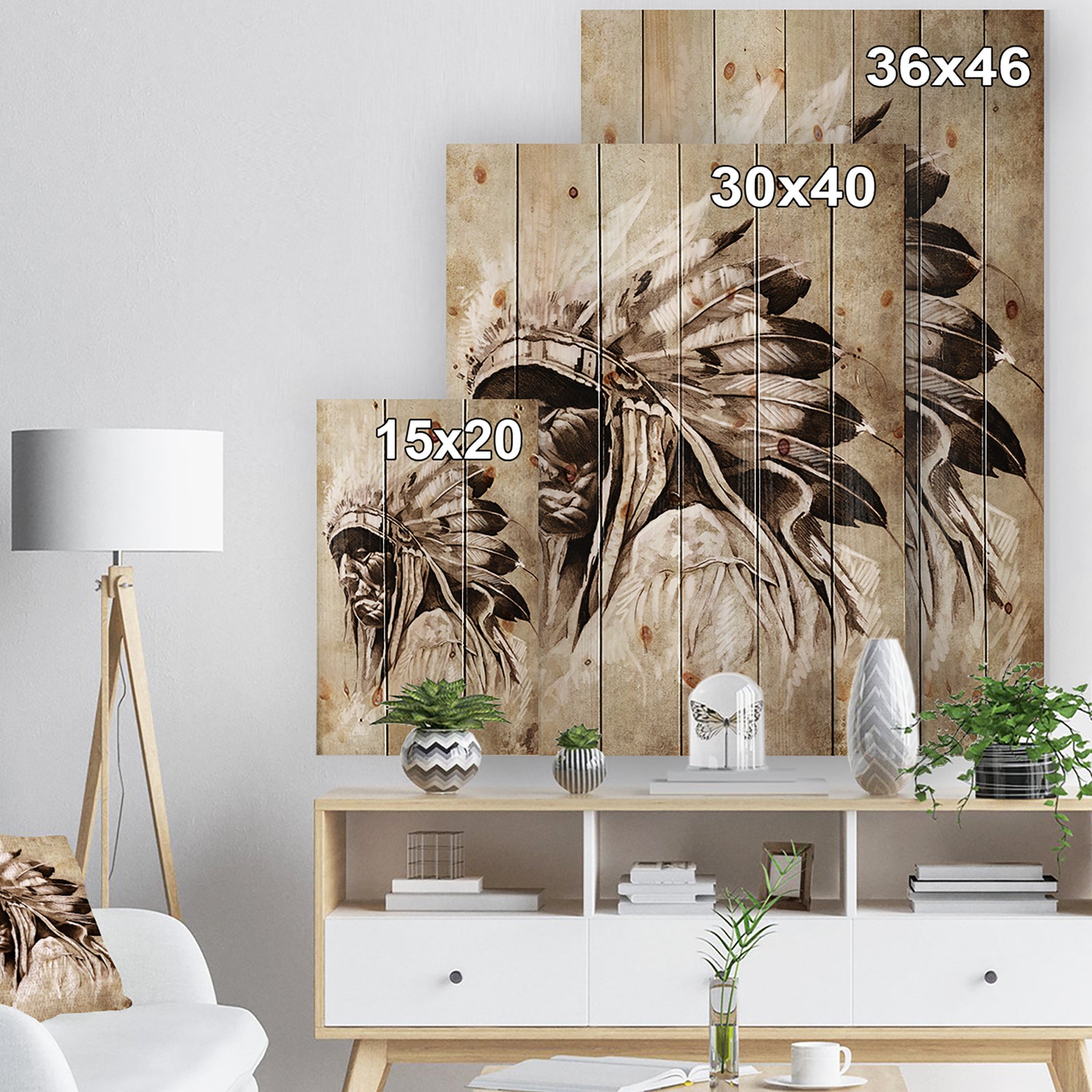 Vintage Style Indian Head Tattoo - Abstract Print on Natural Pine Wood