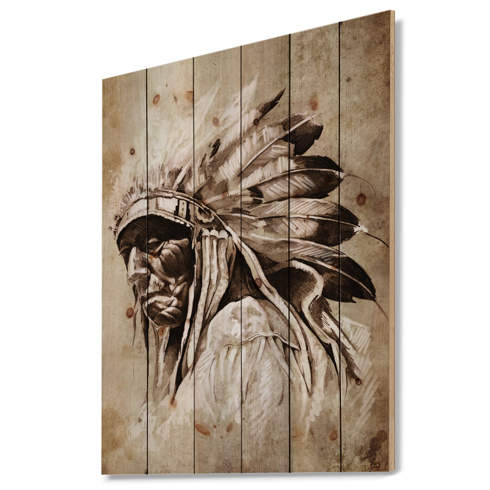 Vintage Style Indian Head Tattoo - Abstract Print on Natural Pine Wood