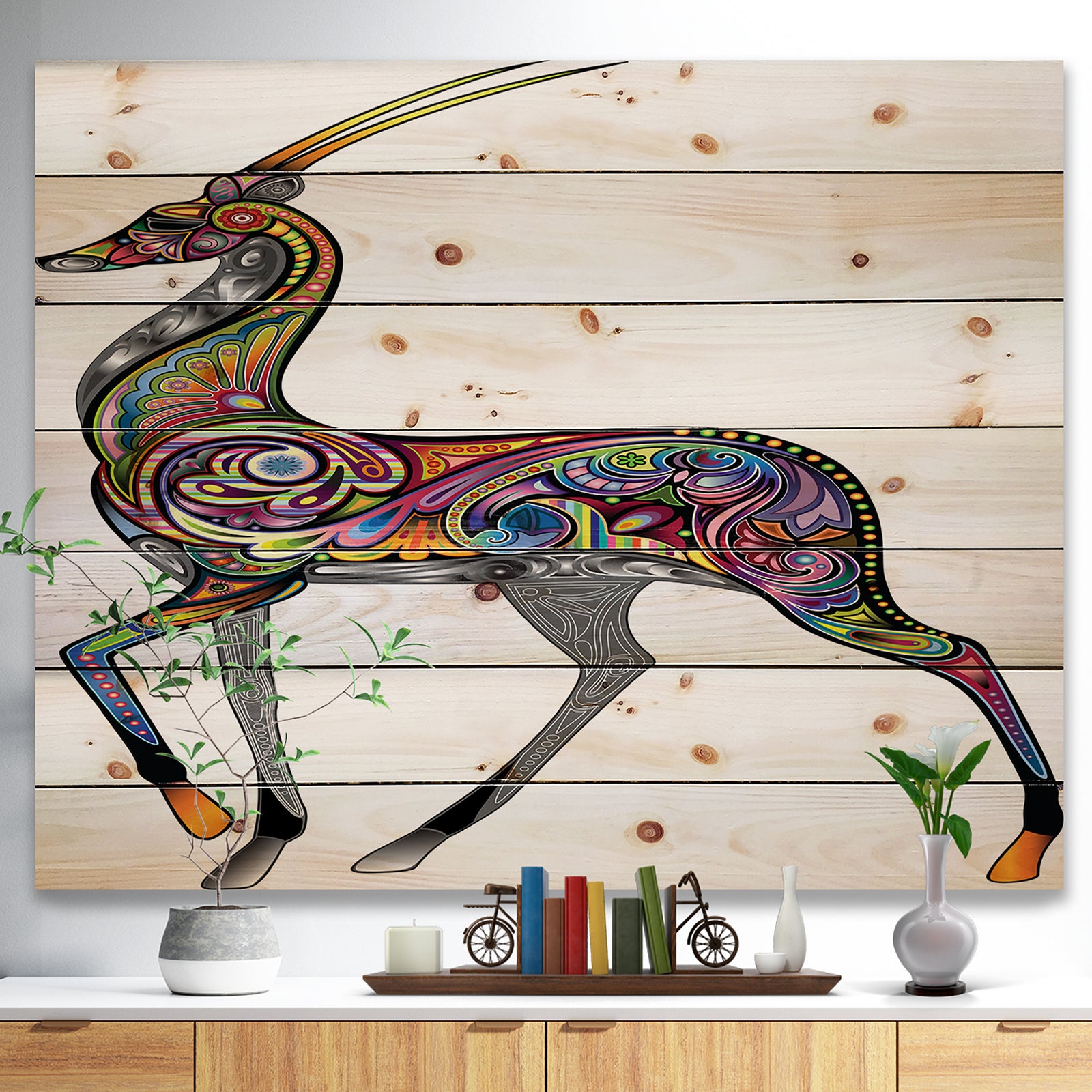 Colorful Antelope - Animal Print on Natural Pine Wood