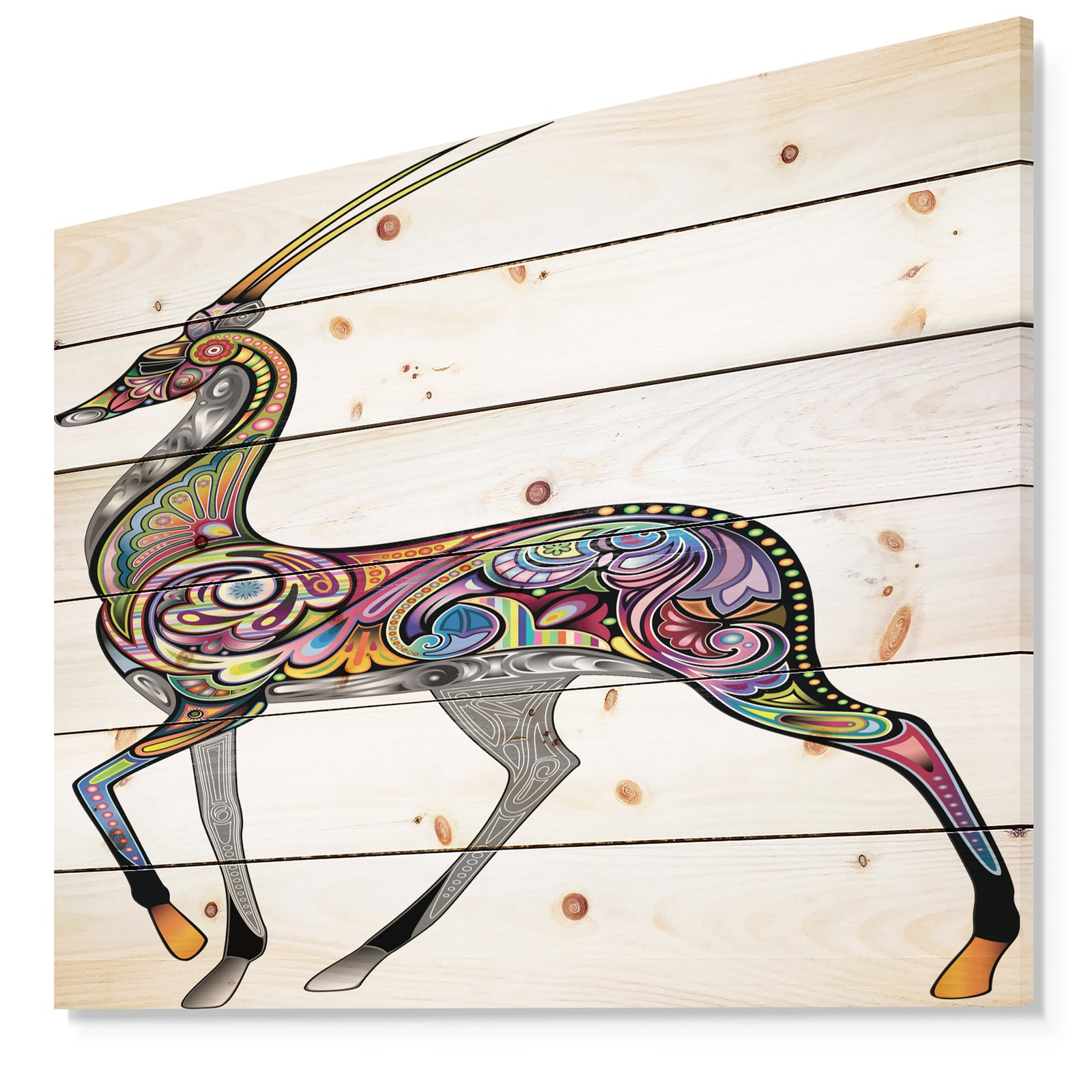Colorful Antelope - Animal Print on Natural Pine Wood