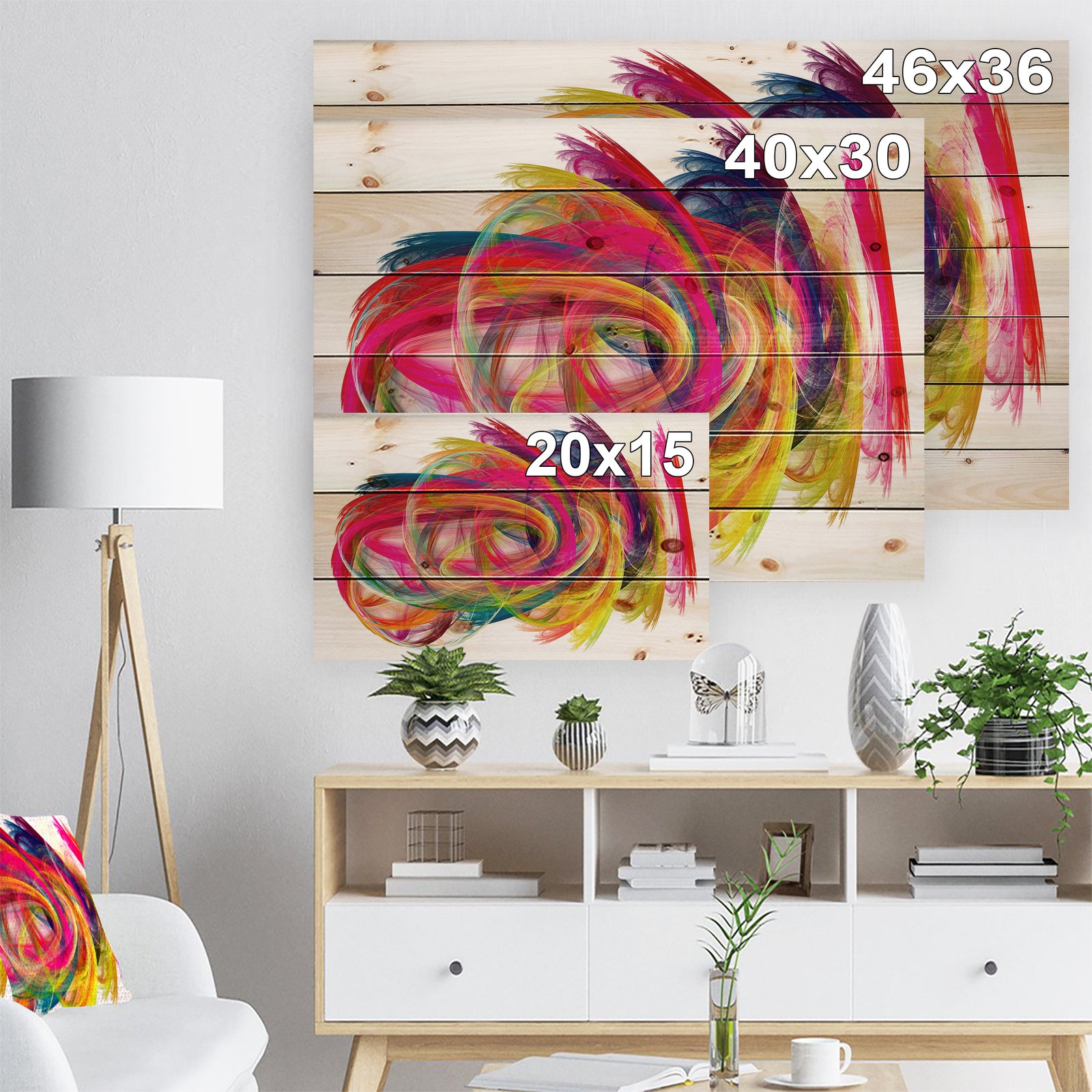 Colorful Thick Strokes - Abstract Print on Natural Pine Wood