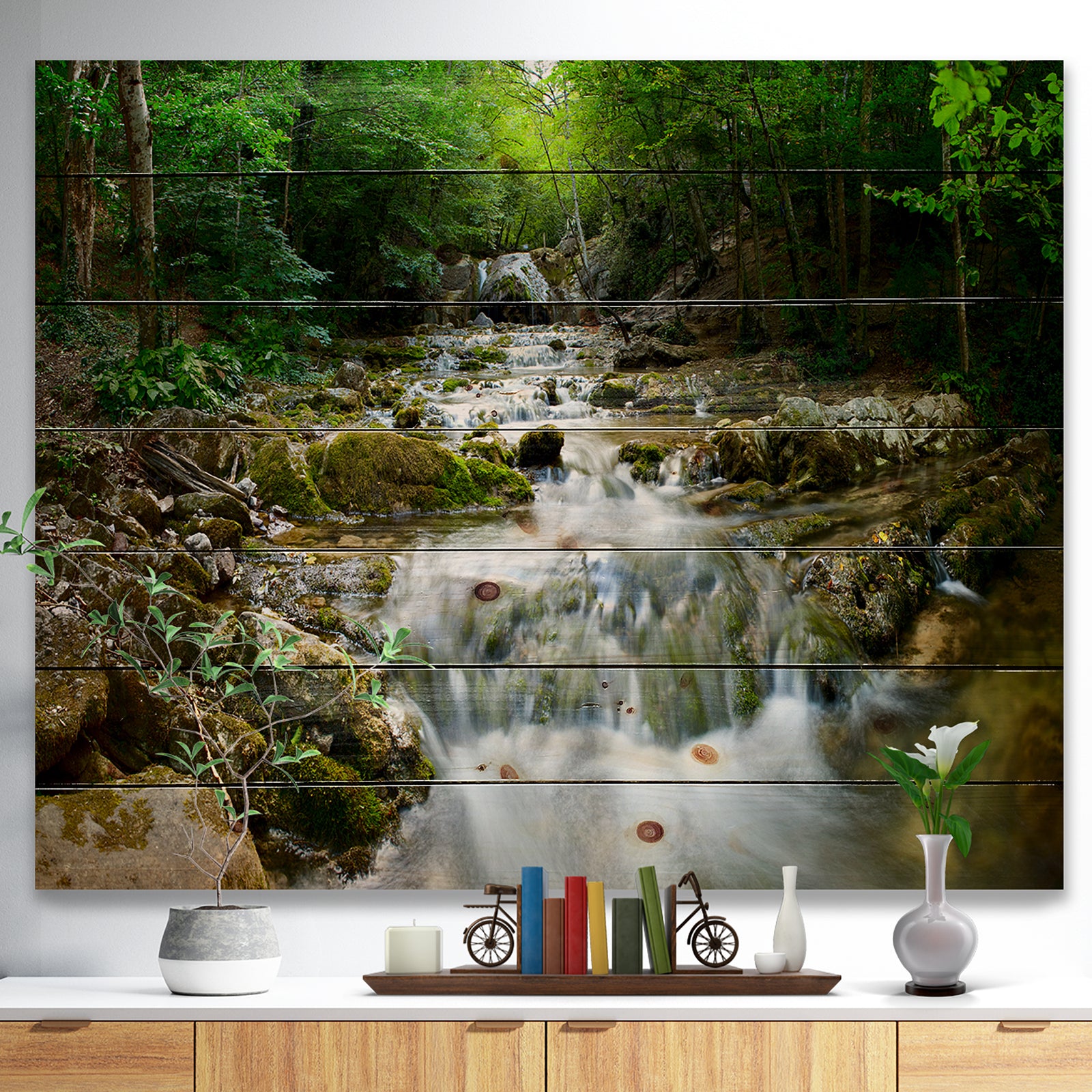 Natural Spring Waterfall - Landscape Photography Print on Natural Pine Wood