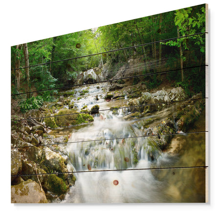 Natural Spring Waterfall - Landscape Photography Print on Natural Pine Wood