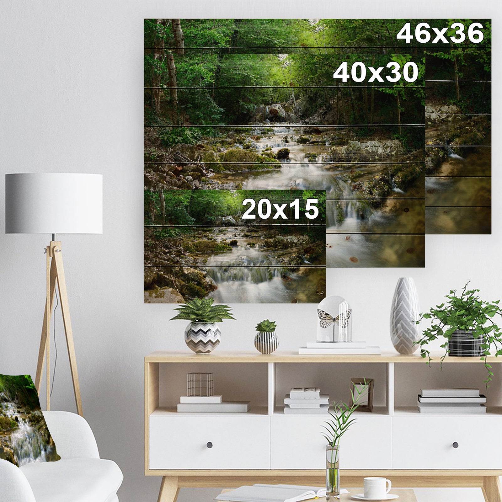 Natural Spring Waterfall - Landscape Photography Print on Natural Pine Wood