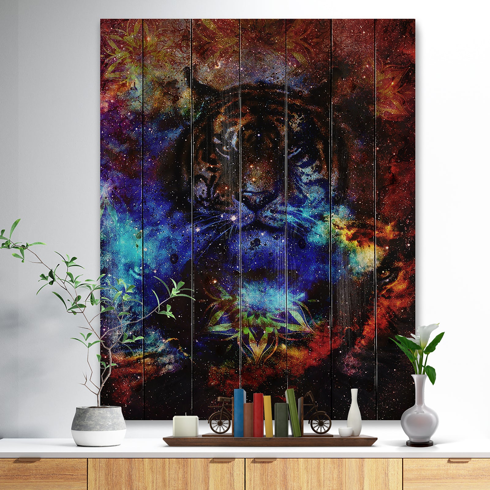 Colorful Tiger Collage - Animal Print on Natural Pine Wood