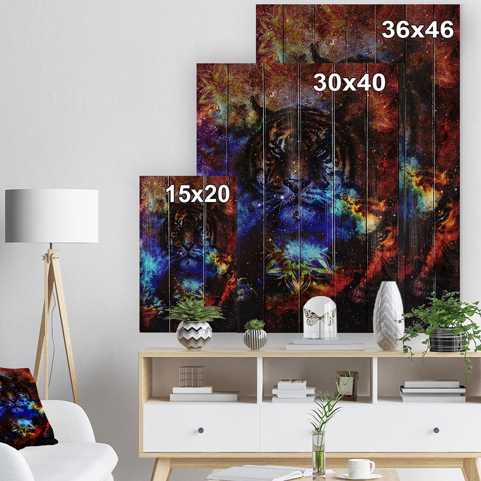 Colorful Tiger Collage - Animal Print on Natural Pine Wood