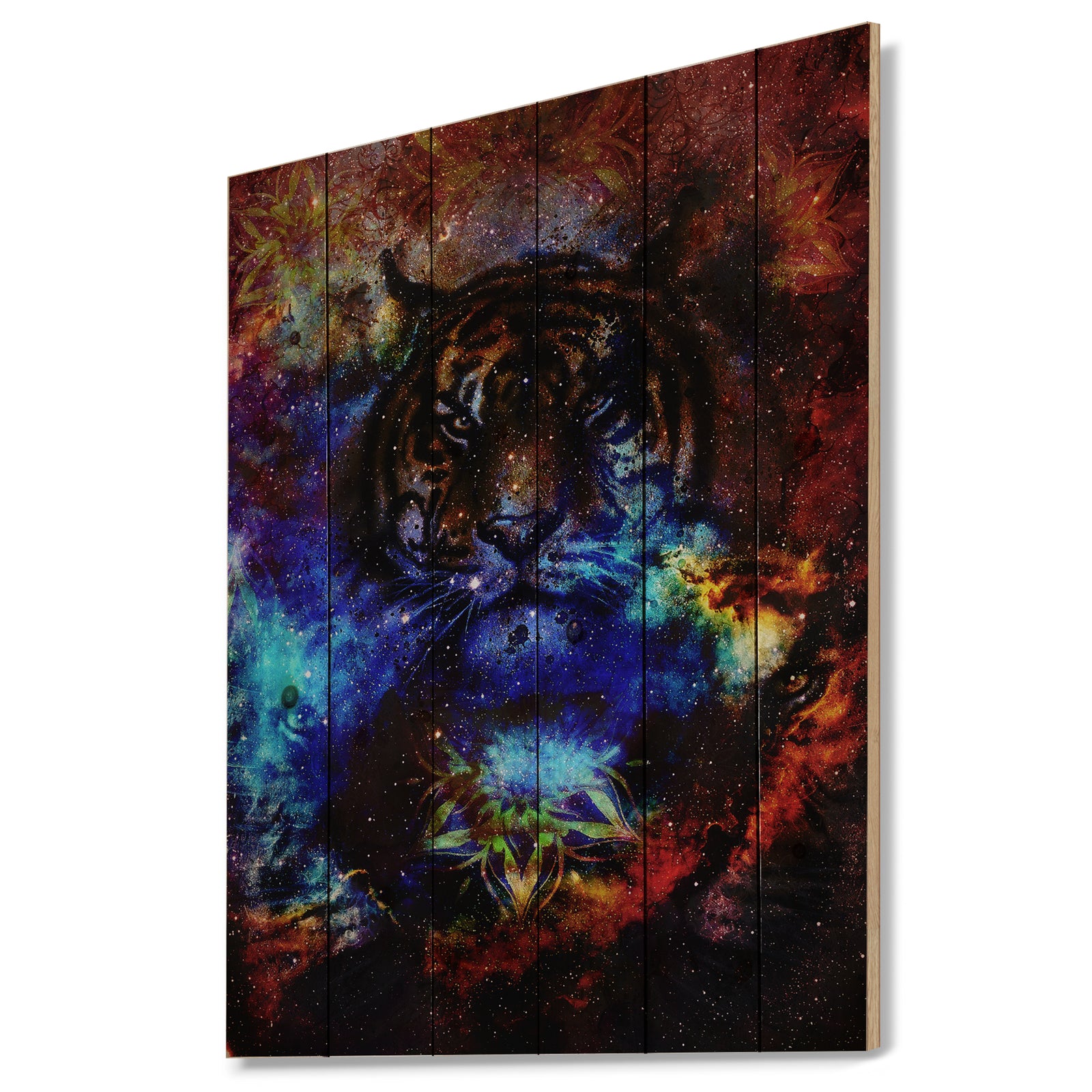 Colorful Tiger Collage - Animal Print on Natural Pine Wood