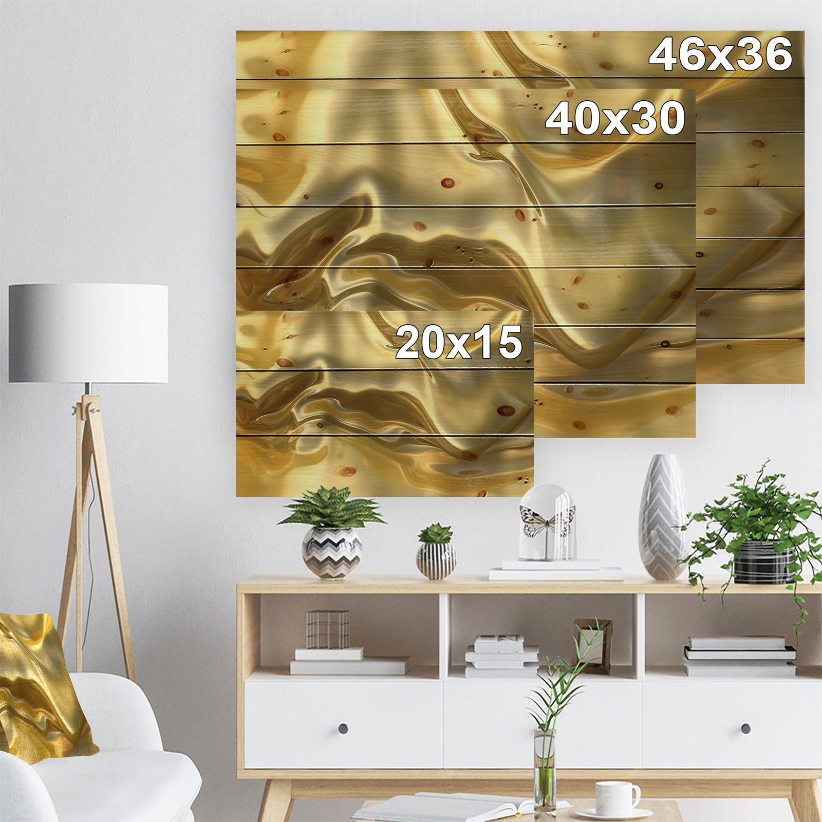 Golden Cloth Texture - Abstract Print on Natural Pine Wood