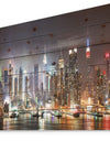 Lit NYC Manhattan Skyline - Cityscape Photo Print on Natural Pine Wood