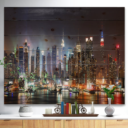 Lit NYC Manhattan Skyline - Cityscape Photo Print on Natural Pine Wood