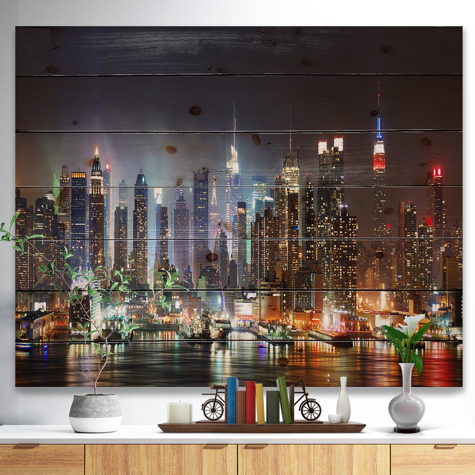 Lit NYC Manhattan Skyline - Cityscape Photo Print on Natural Pine Wood