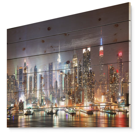 Lit NYC Manhattan Skyline - Cityscape Photo Print on Natural Pine Wood