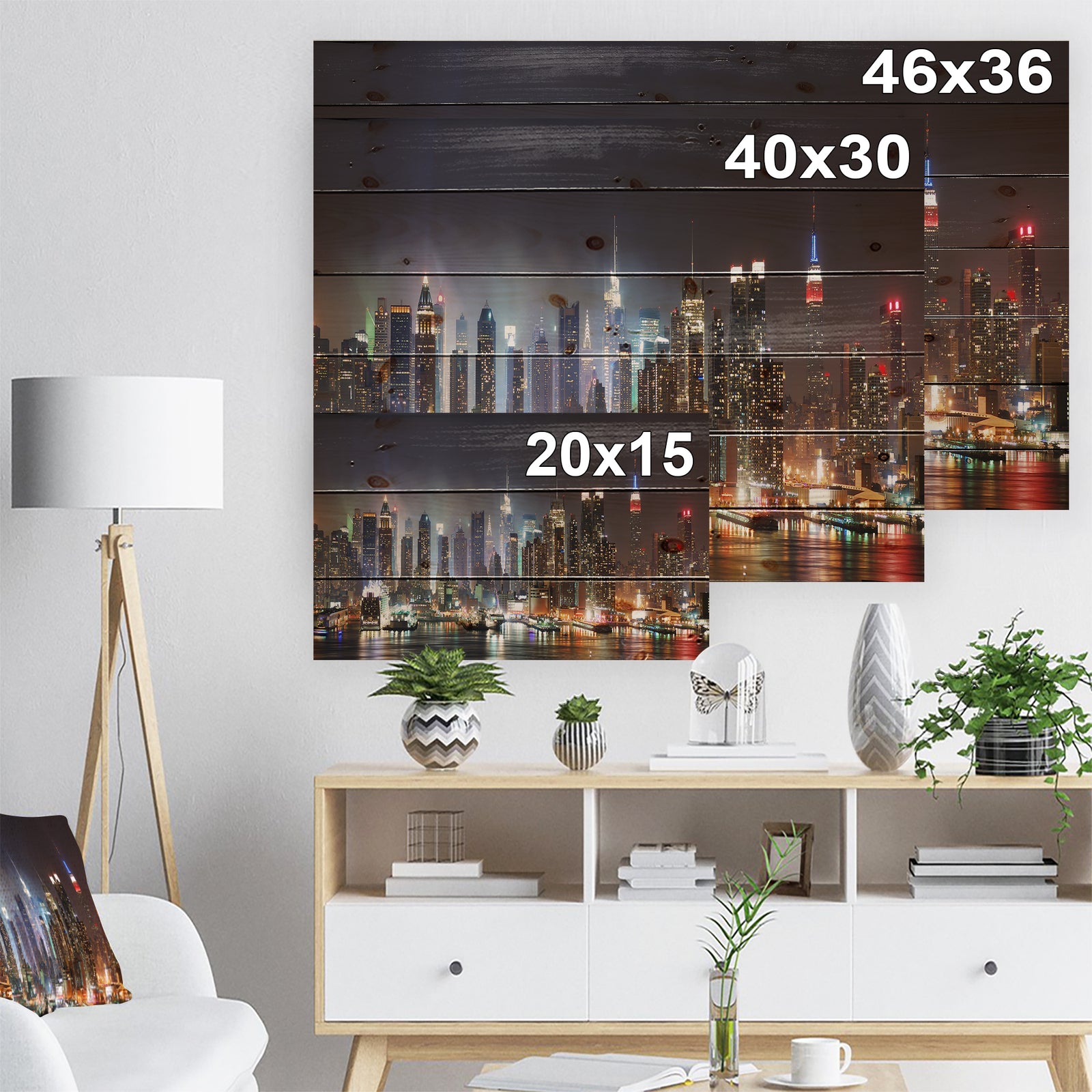 Lit NYC Manhattan Skyline - Cityscape Photo Print on Natural Pine Wood
